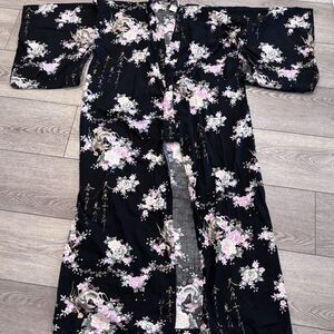 Vintage Japanese Robe Kimono Juguemm Black Print Dragon Pink Flowers Japan